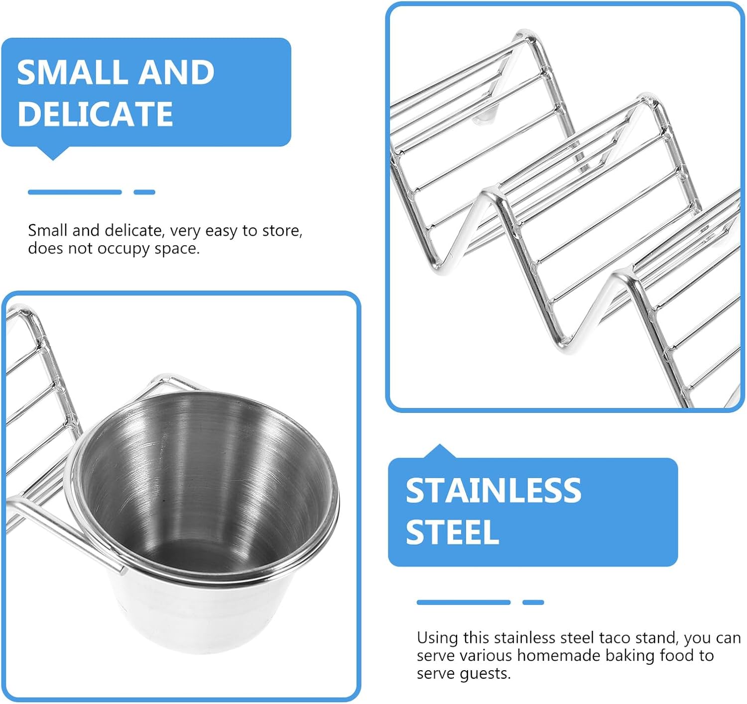 Stainless Steel Taco Holder with Sauce Cup Reusable Stackable Stand