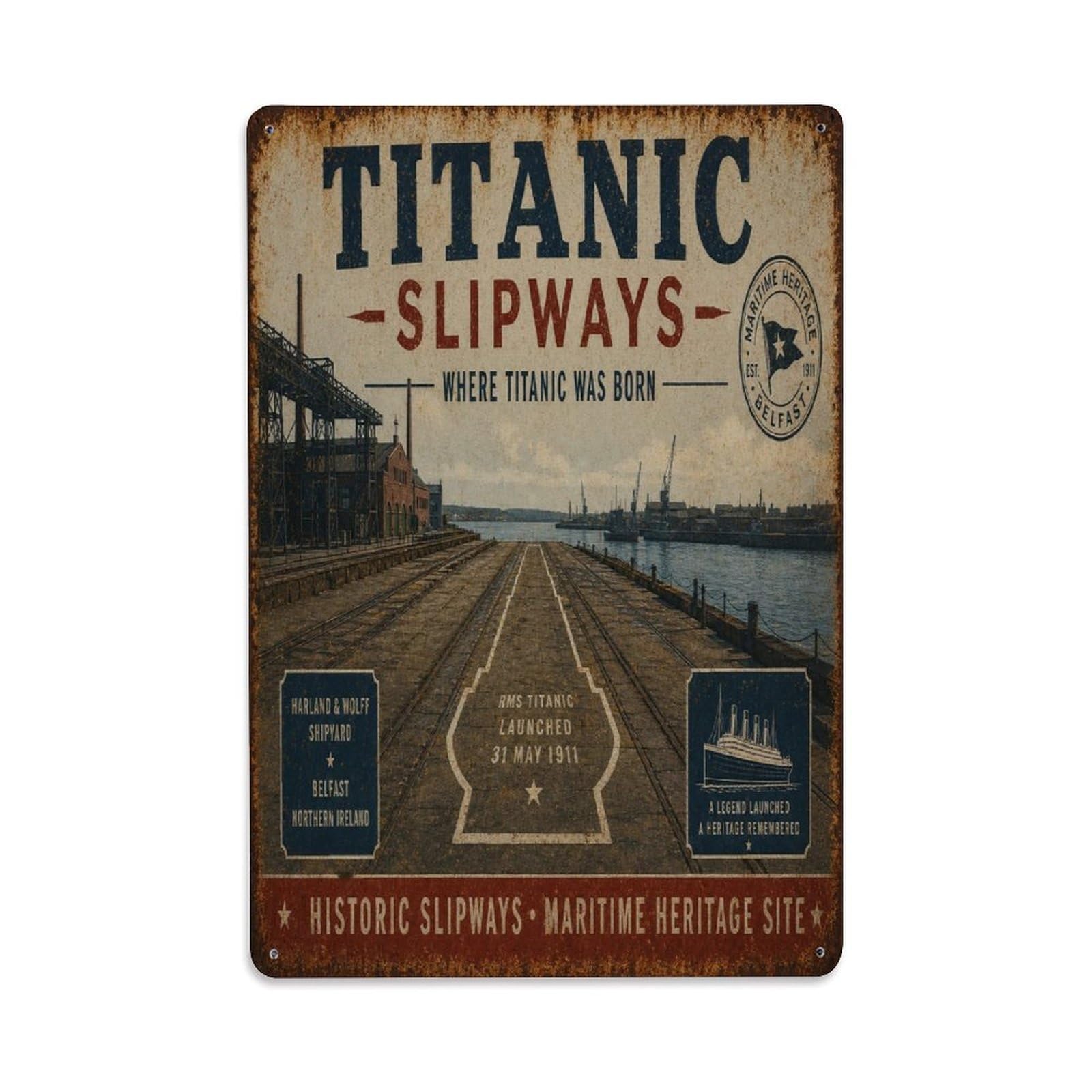 Belfast Historic Shipyard Slipways Maritime Site Metal Tin Sign Plaque Wall Decor for Cafe, Man Cave, Club Bar, Office, Home Garden Round Metal Poster 8x12Inch