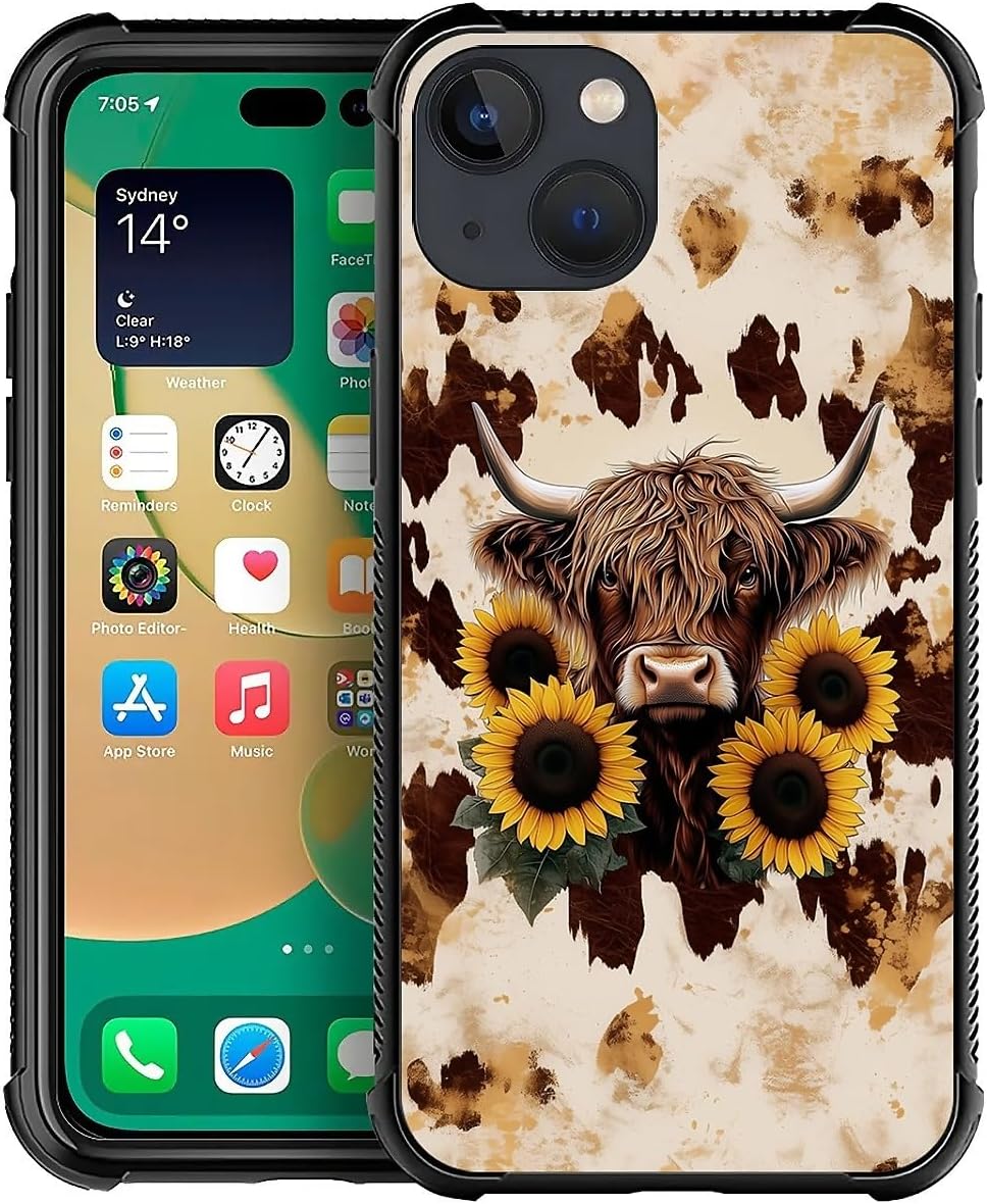 for iPhone 13 Mini Case,Graphic Design for Girl Boy Soft Silicone Hard Acrylic Shock Protection Designed for iPhone 13 Mini Western Highland Cow Sunflower Pattern