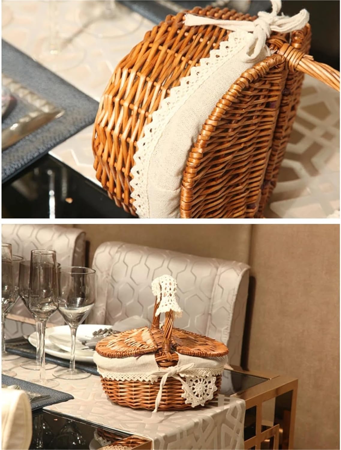 Handmade Wicker Picnic Basket with Lid, Multi-Use Storage for Camping, Shopping & Fruit Organization