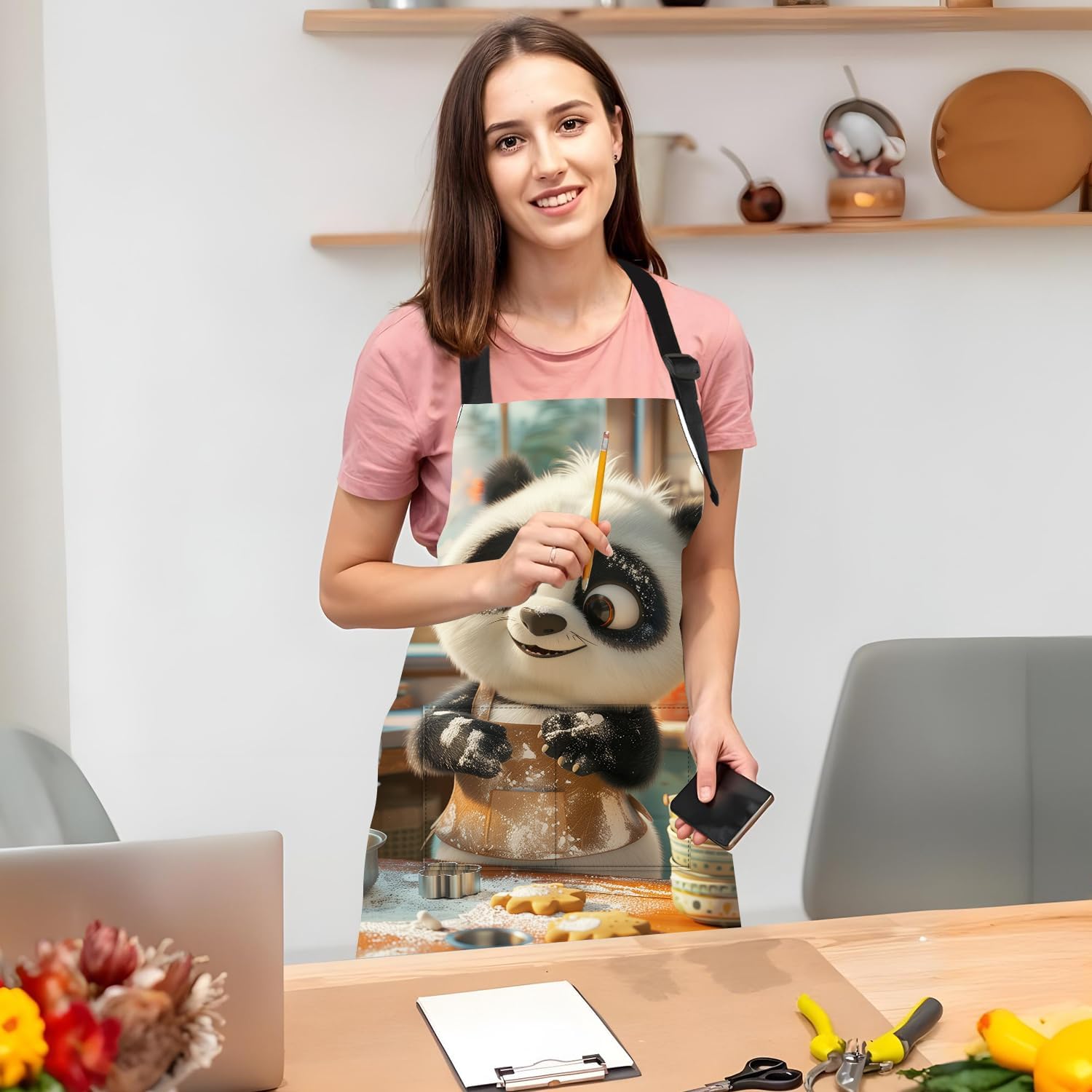 ANNA QUEEN Funny Apron with Pocket for Women Men, Adjustable Kitchen Cooking for BBQ Baking with Cute Animal Flower