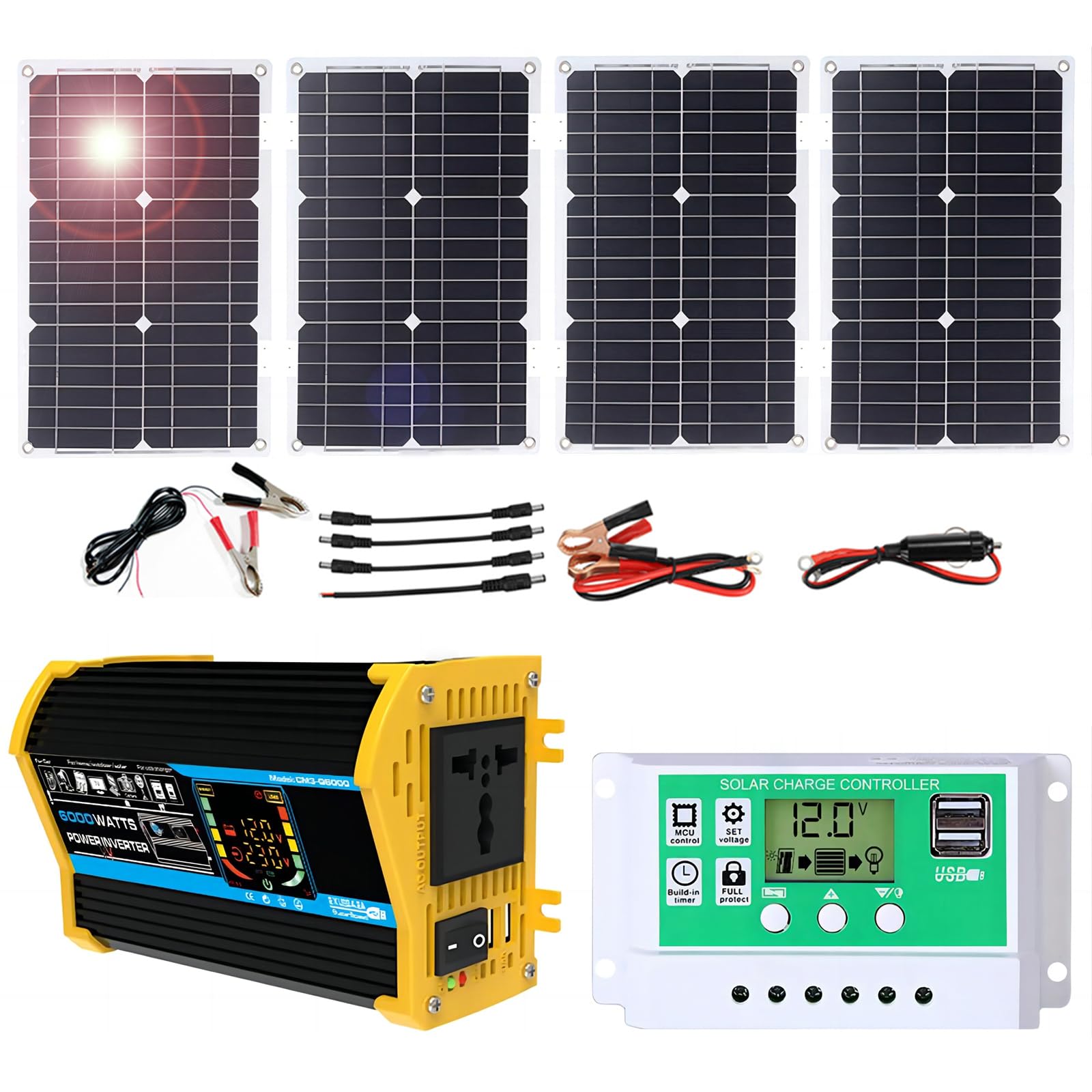 100W Monocrystalline Solar Panel Kit with 6000W Inverter & 50A Controller – Portable Off-Grid Power System for RV, Camping, Boat, and Emergency Backup(Black,100W)