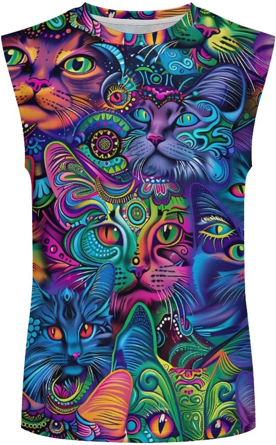 Colorful Cat Faces Men Summer Sleeveless Crew Neck Top 5XL