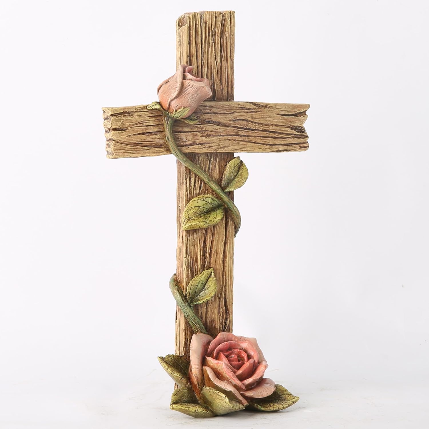 BC Home Decor 8.25" H Rose Standing Cross, Wood Carve Looking Rustic Décoration for Home, Spring Garden Gift Decor, Eater Gift, Handpainted by Buildclassic