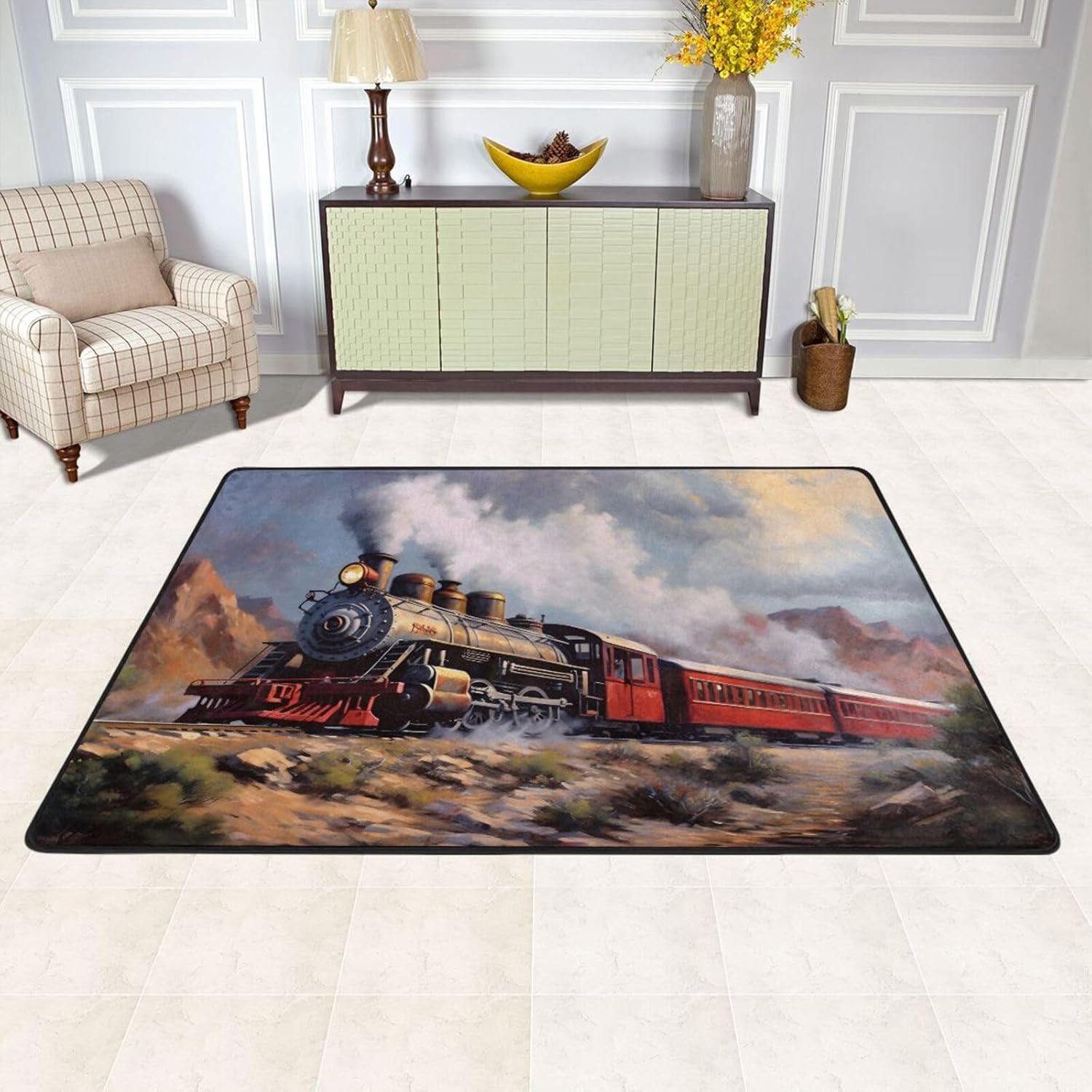 Area Rug Vintage Train Wild Print, Floor Mat 3×2 FT for Living Room Bedroom Water Absorption Indoor Carpet