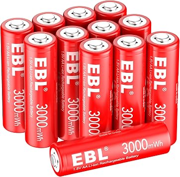EBL Rechargeable Lithium AA Batteries 12Pack, 1.5V 3000mWh for Blink Camera | Double A Battery Rechargeable, 1200 Recharge Cycles, 1.5V Constant Voltage, Lightweight Safe, Ideal For Toys/Cameras