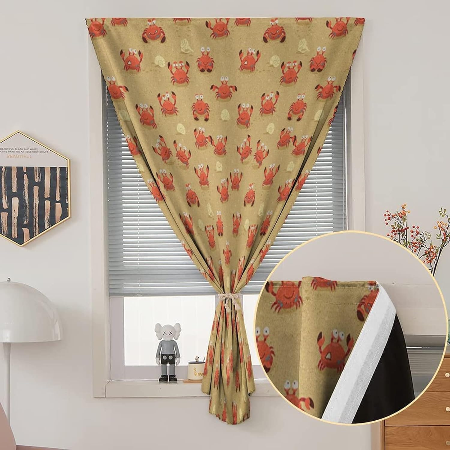 XISUNYA Self Adhesive Portable Blackout Curtains, Crabs Room Darkening Curtains, Playful Childish Sea Animals on Sandy Beach with Shells Print Temporary Blackout Blinds,35W x48L Inch