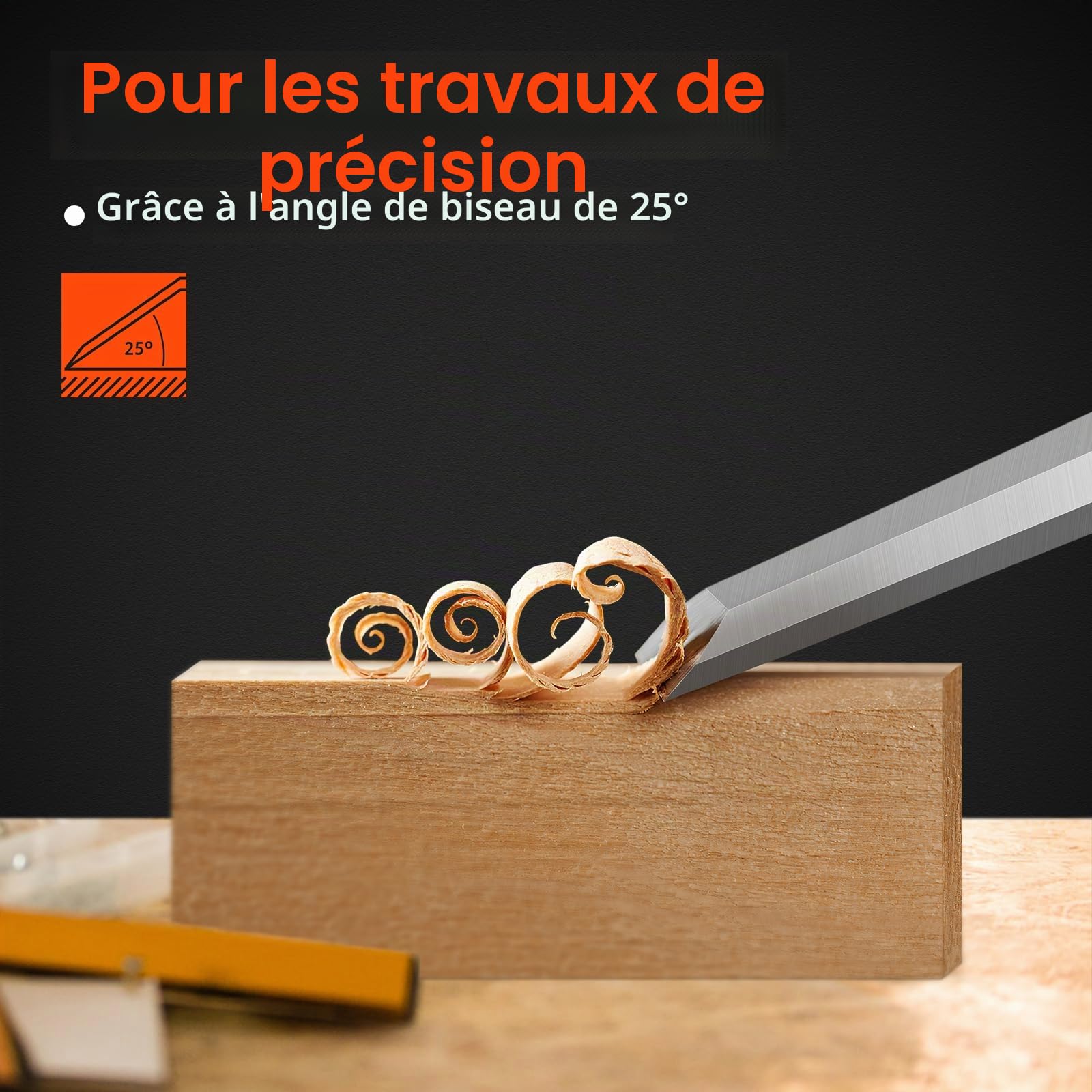 Ciseaux à Bois Professionnels, Set de Ciseau Comprend Ciseau à Bois 6 Pièces (6, 12, 19, 25, 32, 38 mm) et Pierre à Aiguiser, Jeu de Ciseaux à Bois Tranchants pour La Sculpture Sur Bois