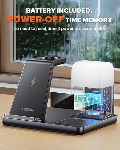 Miniatura 6 de Estación de carga inalámbrica 6 en 1 para Apple estación de carga para múltiples dispositivos con reloj despertador y mesita de noche con luz