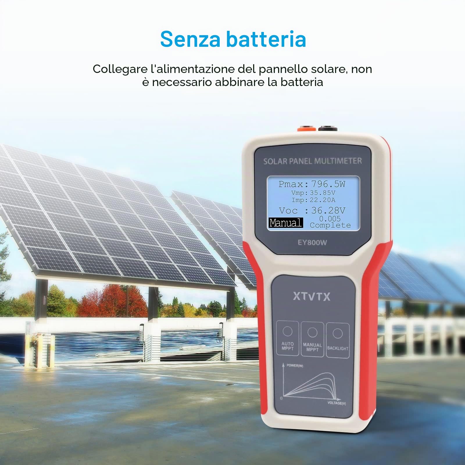Tester di pannello solare, multimetro per pannello fotovoltaico stile migliorato EY800W, con schermo LCD ultra chiaro
