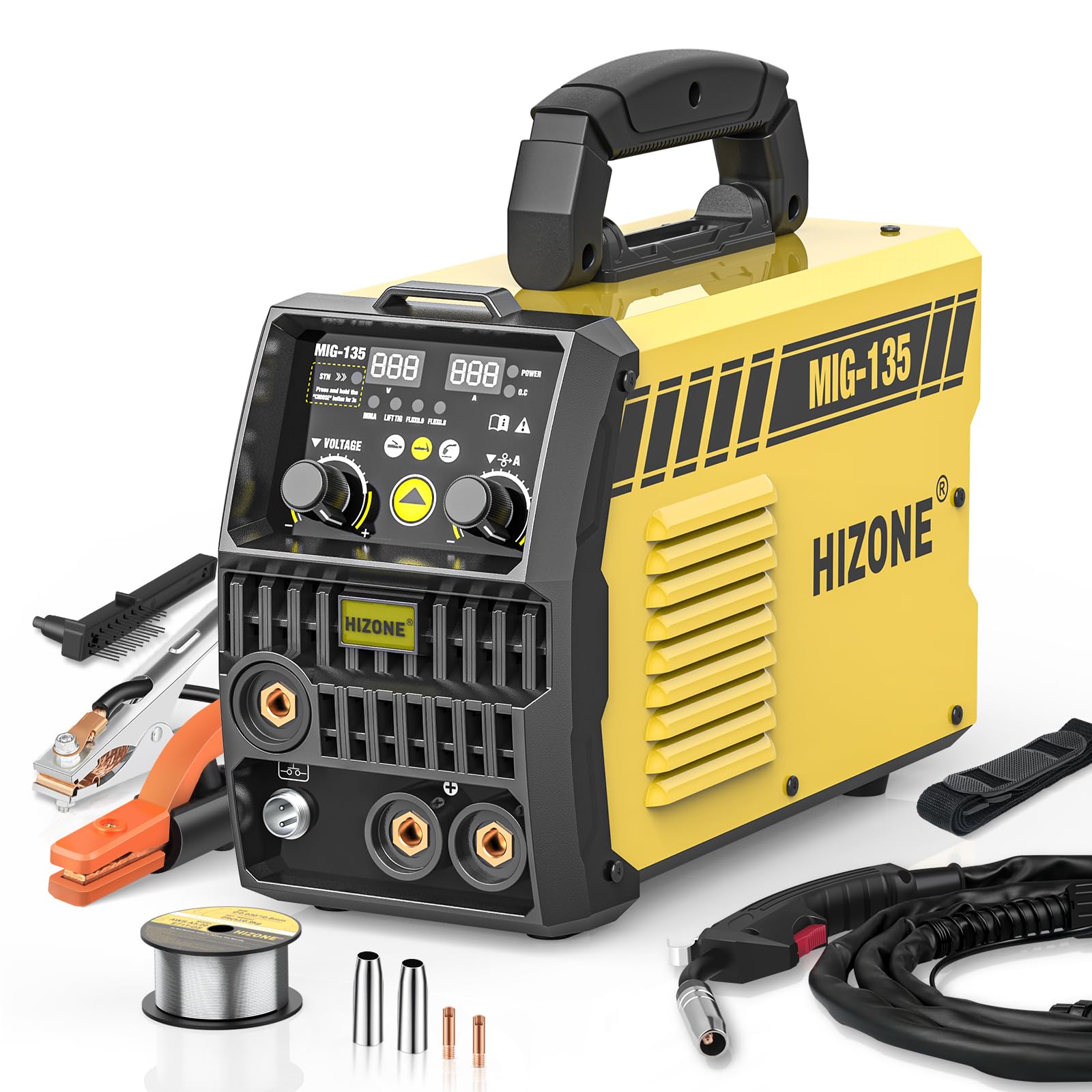 HIZONE 135A MIG Welder, 110V Flux Core MIG Welder/Lift TIG/Stick 3 in 1 Welding Machine with Synergy Control, Gasless Portable IGBT Inverter Welder with Welding Wire
