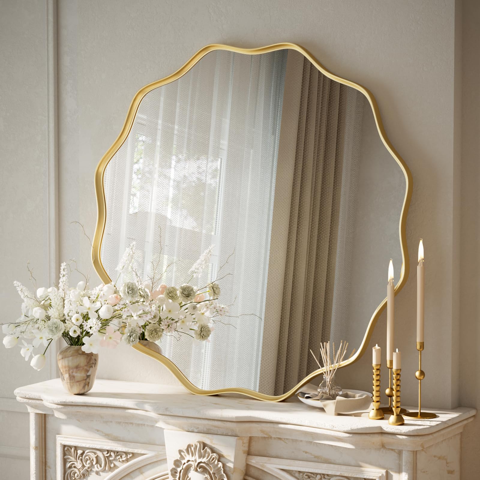Koonmi Grand miroir rond à bord ondulé de 75 cm avec cadre en métal texturé à suspendre ou à poser au mur pour salle de bain, entrée, salon, doré