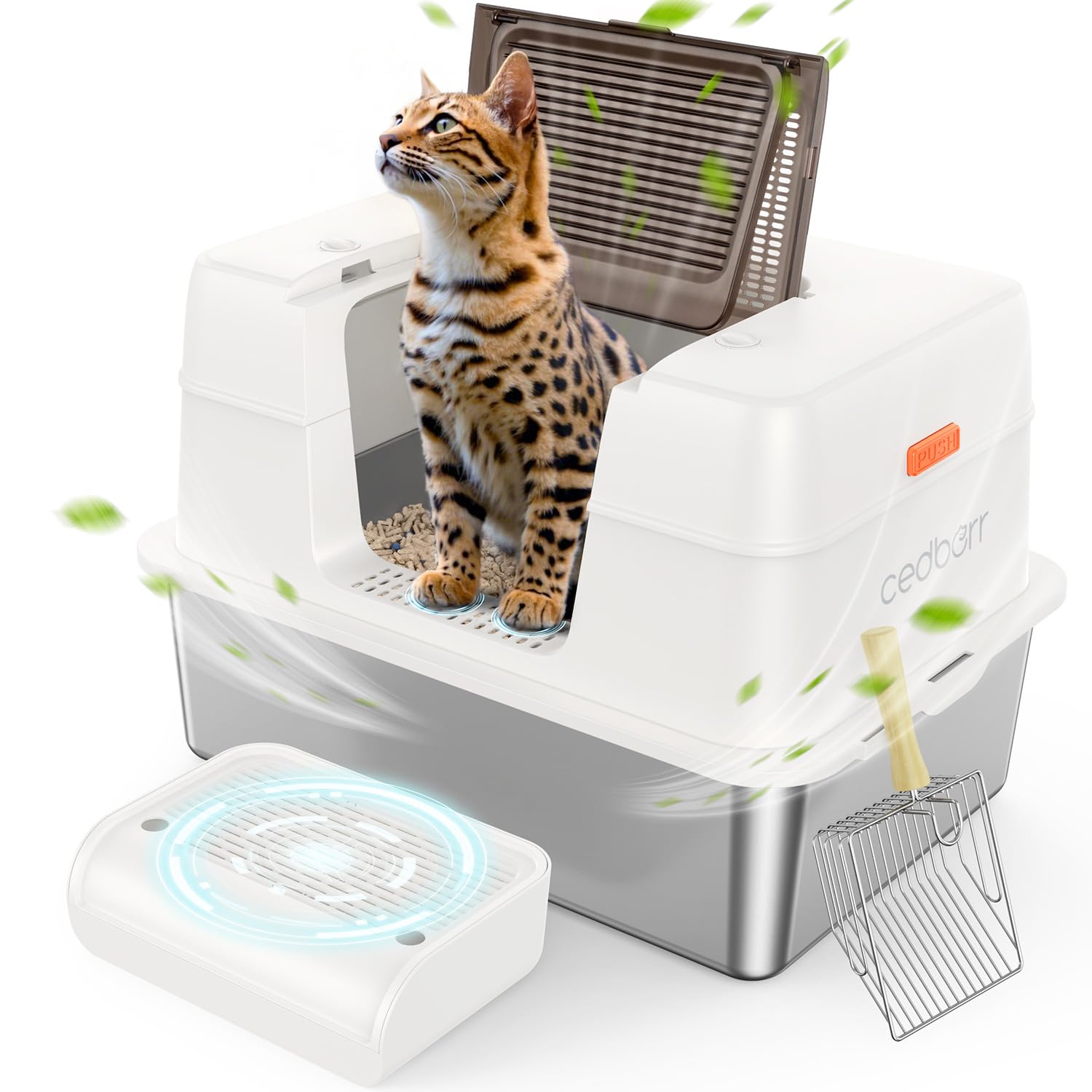 Stainless Steel Cat Litter Box with Lid,Large Enclosed High Side Metal Cat Litter Box with Pedals Suitable for Big Cats,Non-Sticky,Odor-Free,Easy to Clean ，Anti-Leakage(Silver)