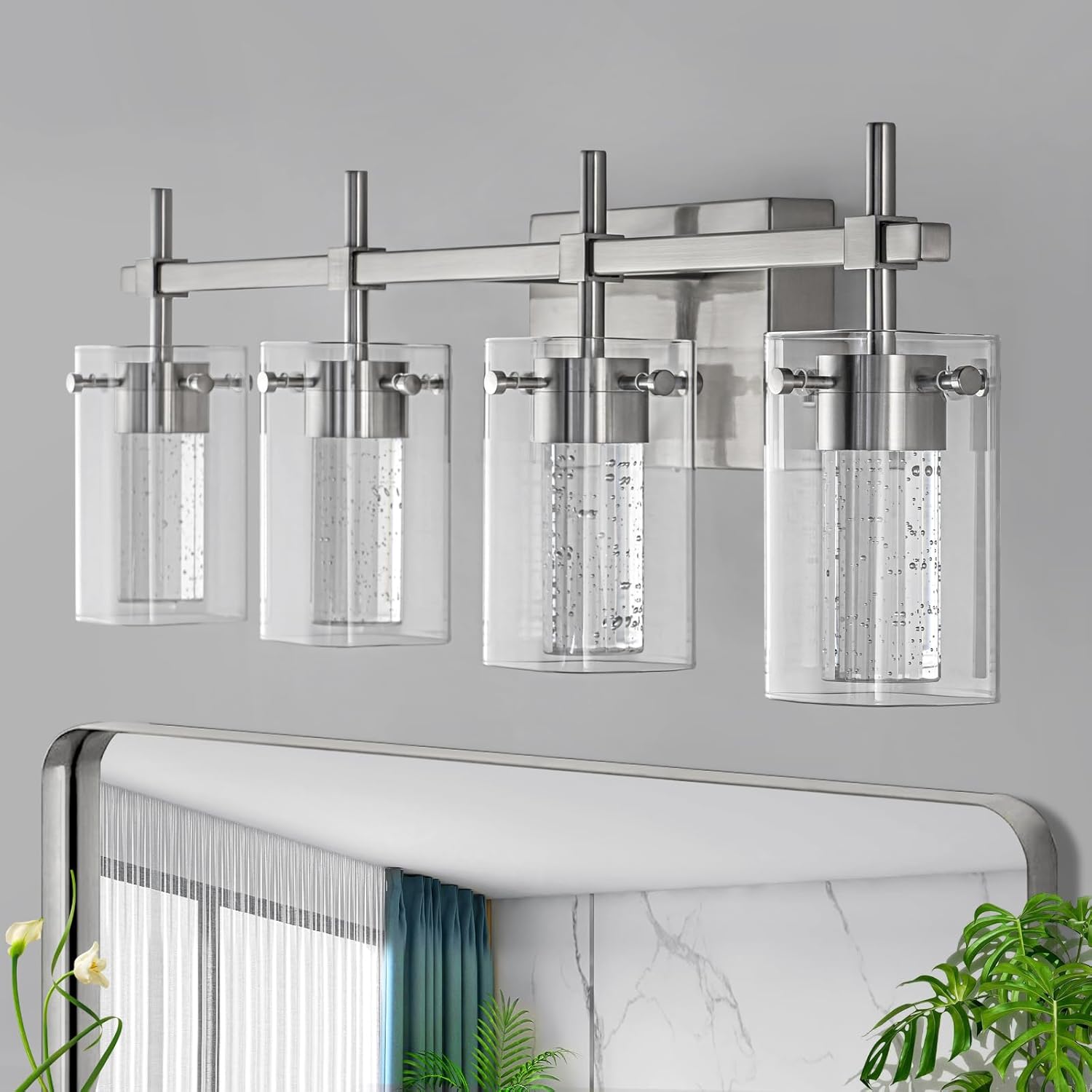 4-Light Brushed Nickel Vanity Light with 3 Color Modes (3000K/4000K/6000K),Dimmable Modern Wall Light Over Mirror,LED Bathroom Light Fixturewith Clear Glass Shade