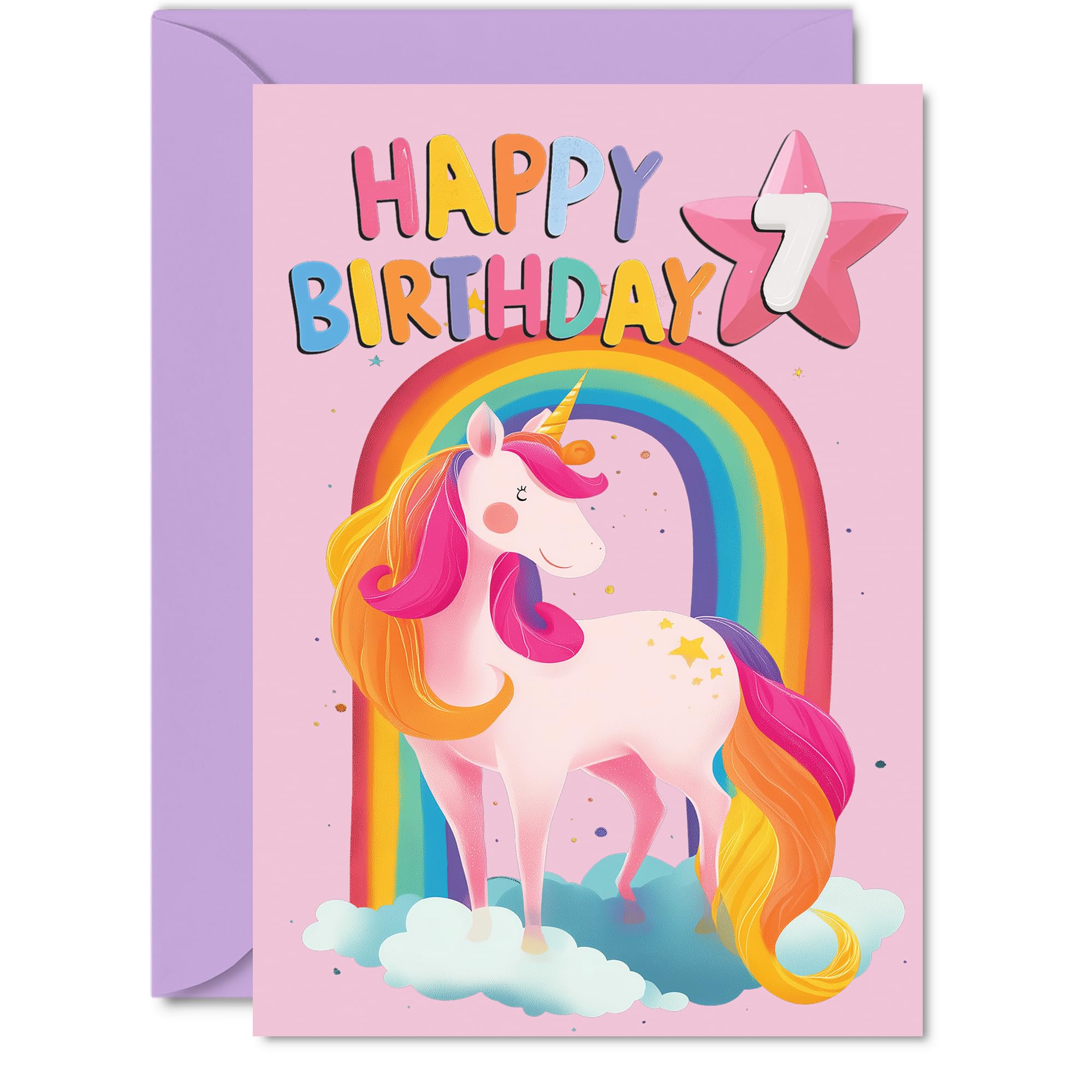 7th Birthday Cards for Girls and Boys, Rainbow Unicorn