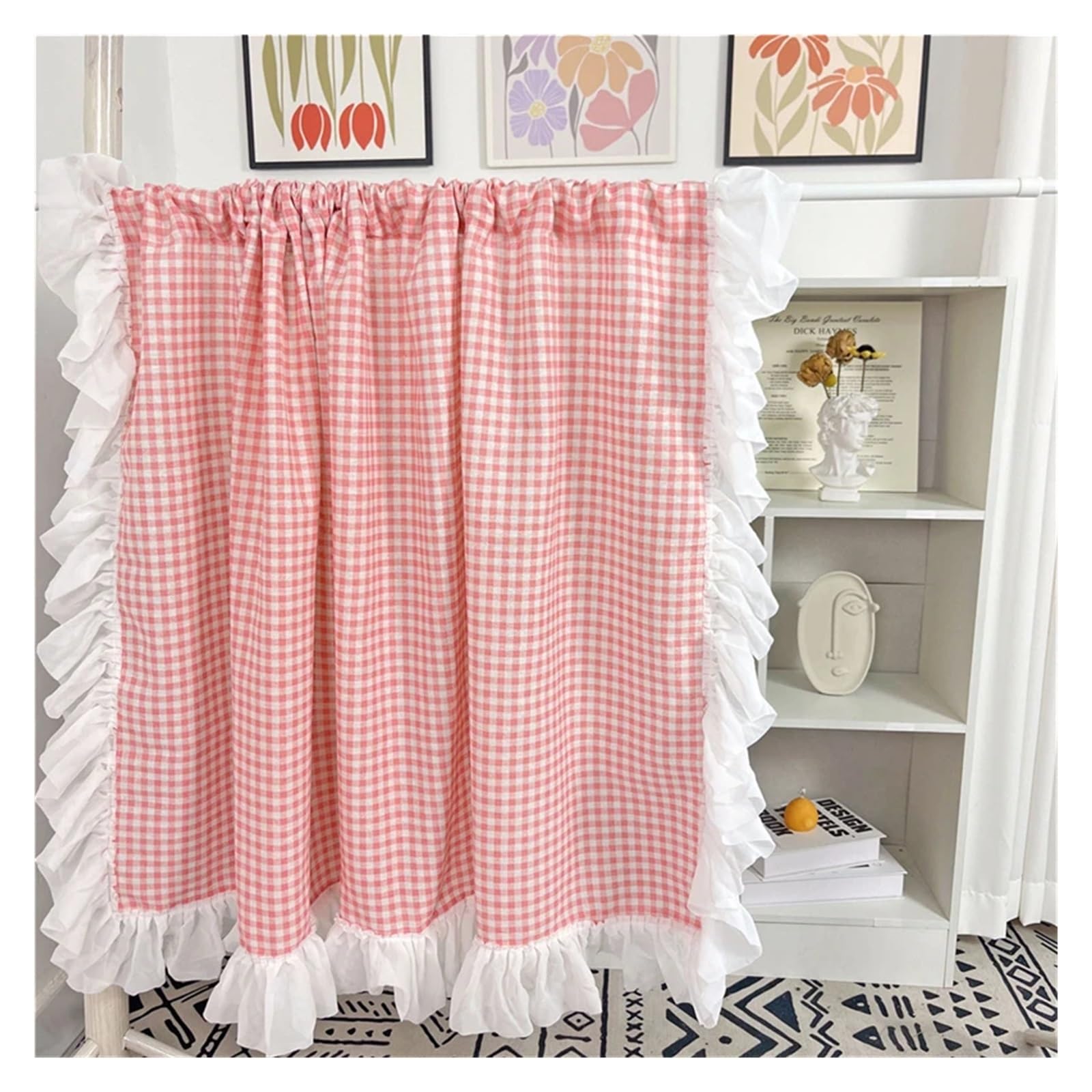 DFGRGRV Ruffle Curtains Sweet Lace Pink Plaid Short Curtains Rural Blue/Orange/Green Lattice Ruffles Half Cloth for Kitchen(Pink,W140 X H100 CM)
