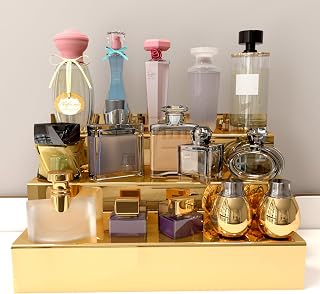 YMVV 12 IN Mirror Gold Acrylic 3 Tier Display Riser Perfume Organizer, Perfume Cologne Organizer Holder, Pops Toy Figures, Clear Cupcake Riser, Dessert Shelf