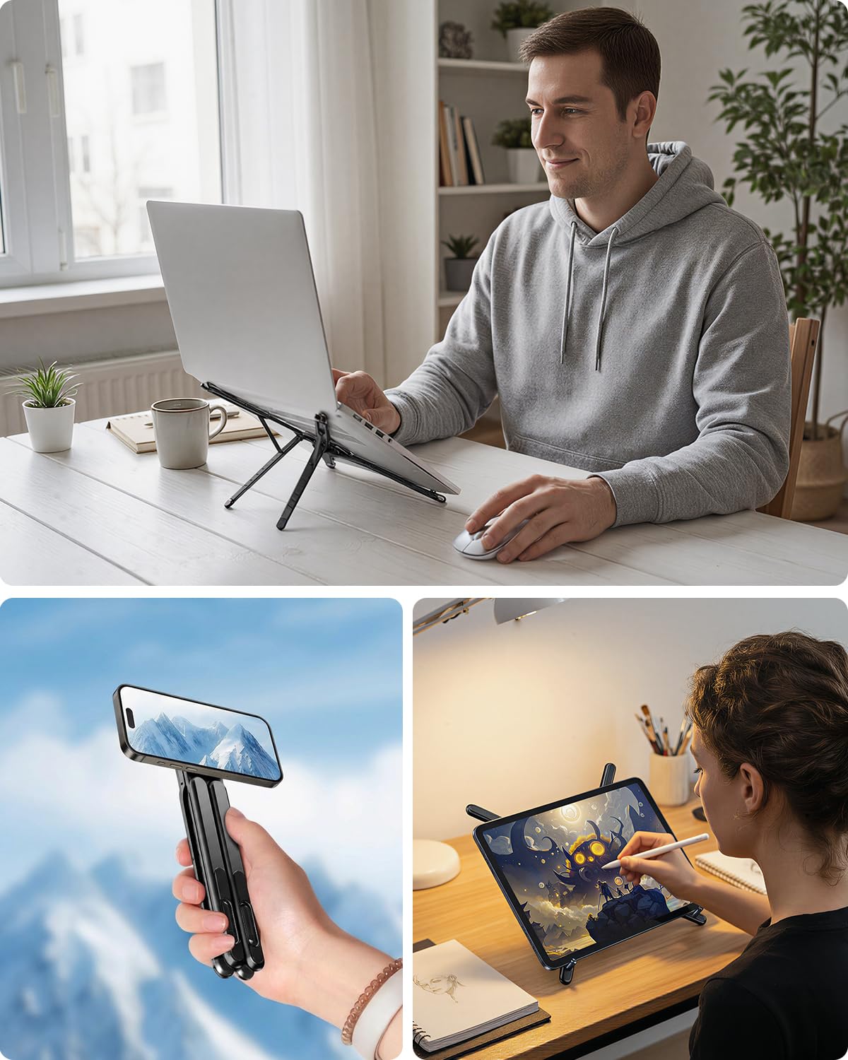 SupeDesk Supporto pieghevole per laptop 3 in 1 regolabile in altezza e angolazione, in lega di alluminio, supporto per laptop ventilato, supporto ergonomico per laptop da 4 a 16", magnetico