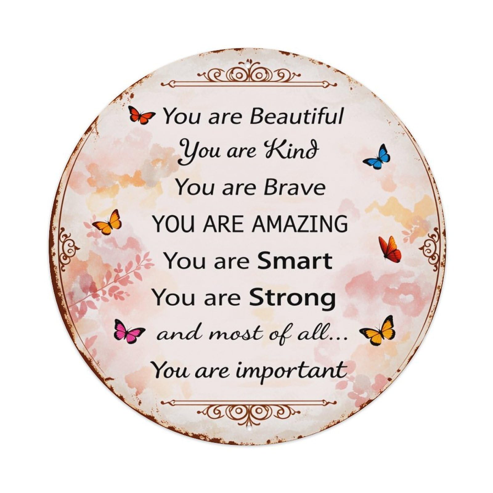 Butterfly Floral Pattern With Inspirational Text Round Tin Sign Vintage Style Metal Sign Home Bar Garden Wall Plaque Decor Metal Poster 8x8 Inch