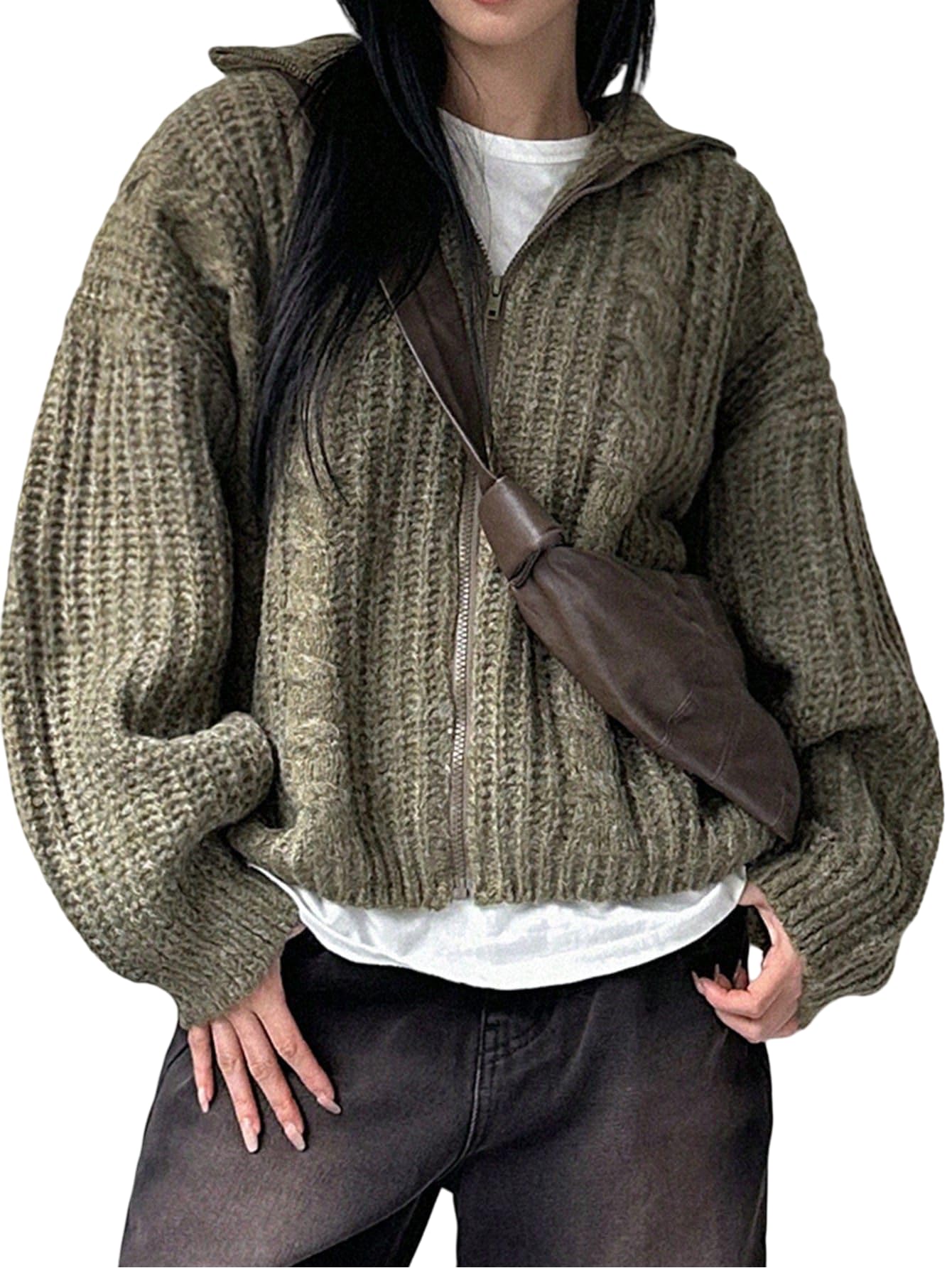 Oversized Chunky Cardigan Sweaters for Women Cable Knit Zipper Collar Warm Fall Cardigan Trendy