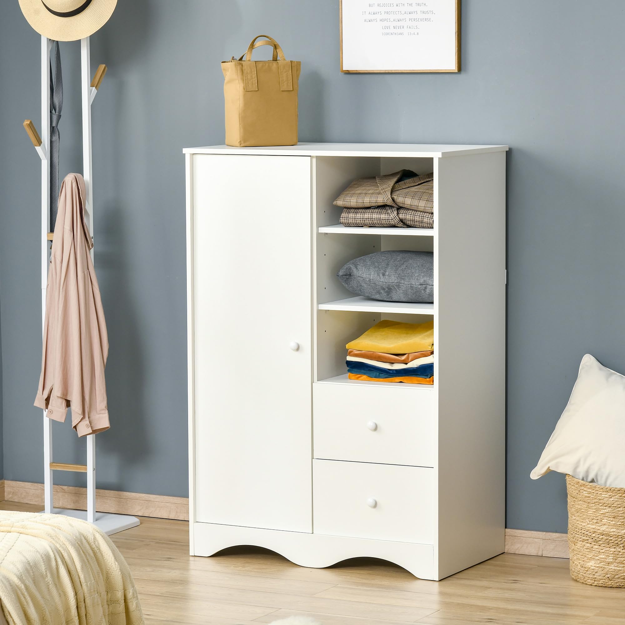 HOMCOM Armoire avec Porte 5 Étagères 3 Niches 2 Tiroirs Blanc, Chambre
