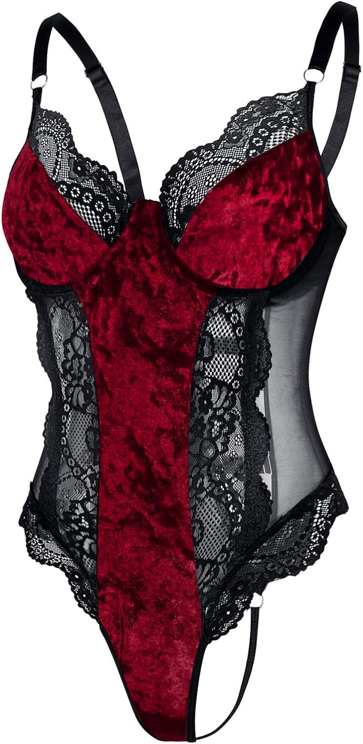 Lilosy Sexy Leather Underwire Push Up Floral Lace Sheer Corset Lingerie Women Teddy Bodysuit Bustier Top One Piece