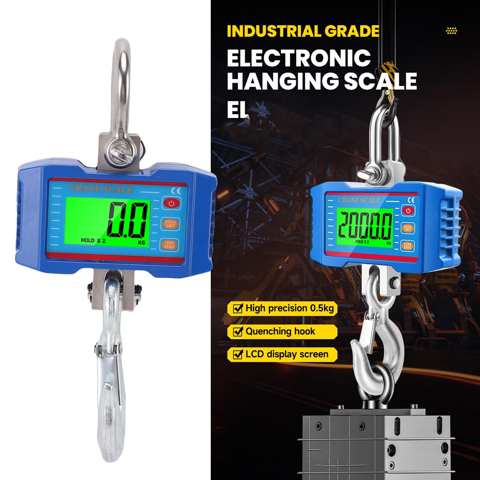 Digitale Kranwaage, 2000 Kg Schwere Industrielle Hängewaage mit Fernbedienung, LCD-Hintergrundbeleuchtung, Geräteschalter, Datenspeicherung, Tara und Zurücksetzen, Kranwaage