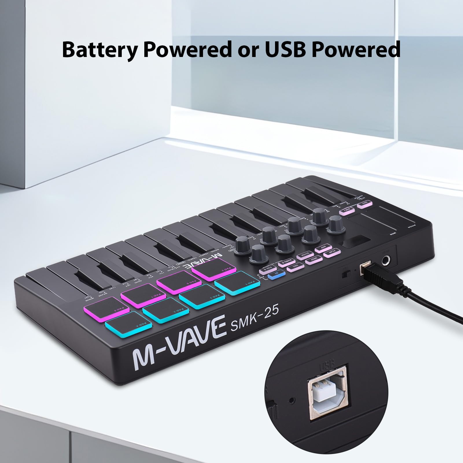summina MIDI Keyboard Controller Beat Maker Machine Rechargeable 25 Keys MIDI Keyboard Portable Arranging Strike Pad RGB Backlight MIDI Assignable Knobs Buttons for Music Production - Image 4