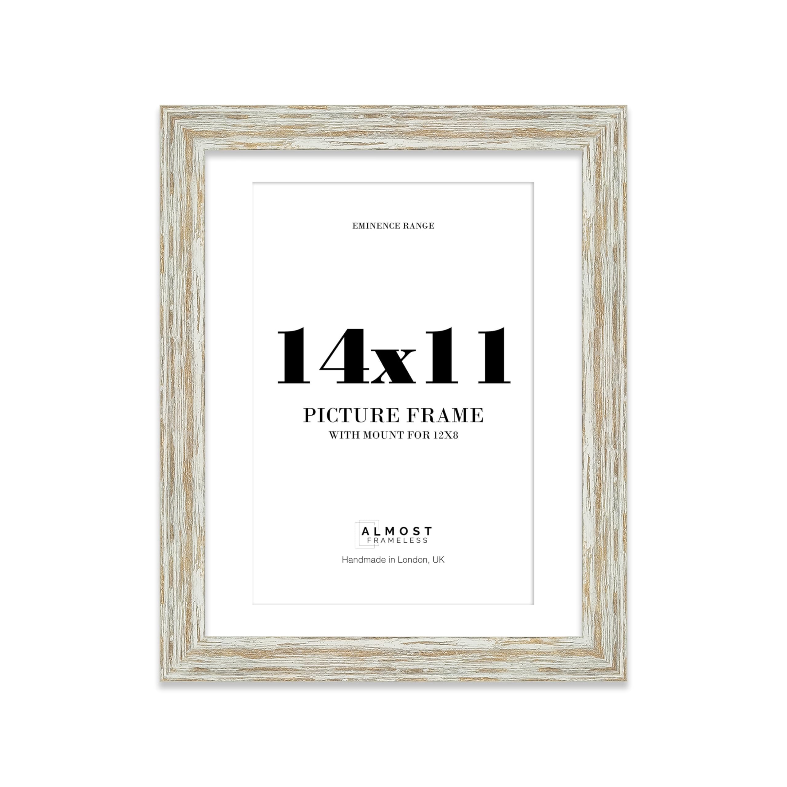 14x11" Distressed White Oak Picture Frame with 12x8" Mount - Reclaimed Wood Style Photo Frame with Distressed Finish, Wall Hooks and Kickstand, 32mm Edge - 1 Pack