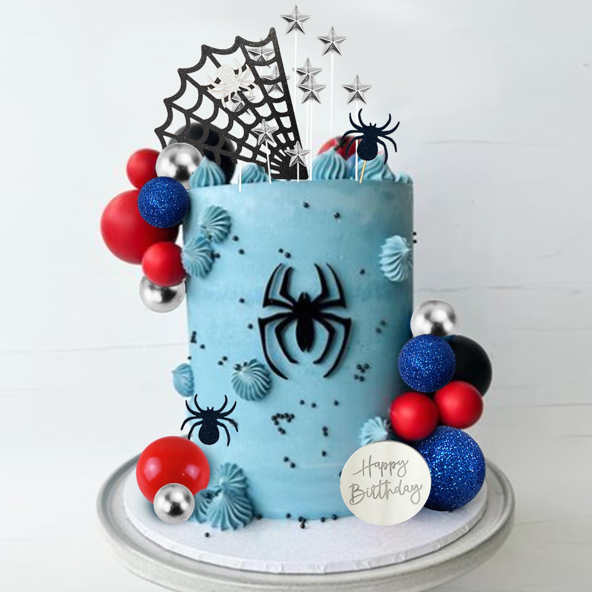 Spider 4th Birthday Cake Topper Spider Cartoon Movie Themed Happy 4s Birthday Cake Decorations For Men Boy Children Four Bday Party Supplies Double Sided Glitter Black Decor