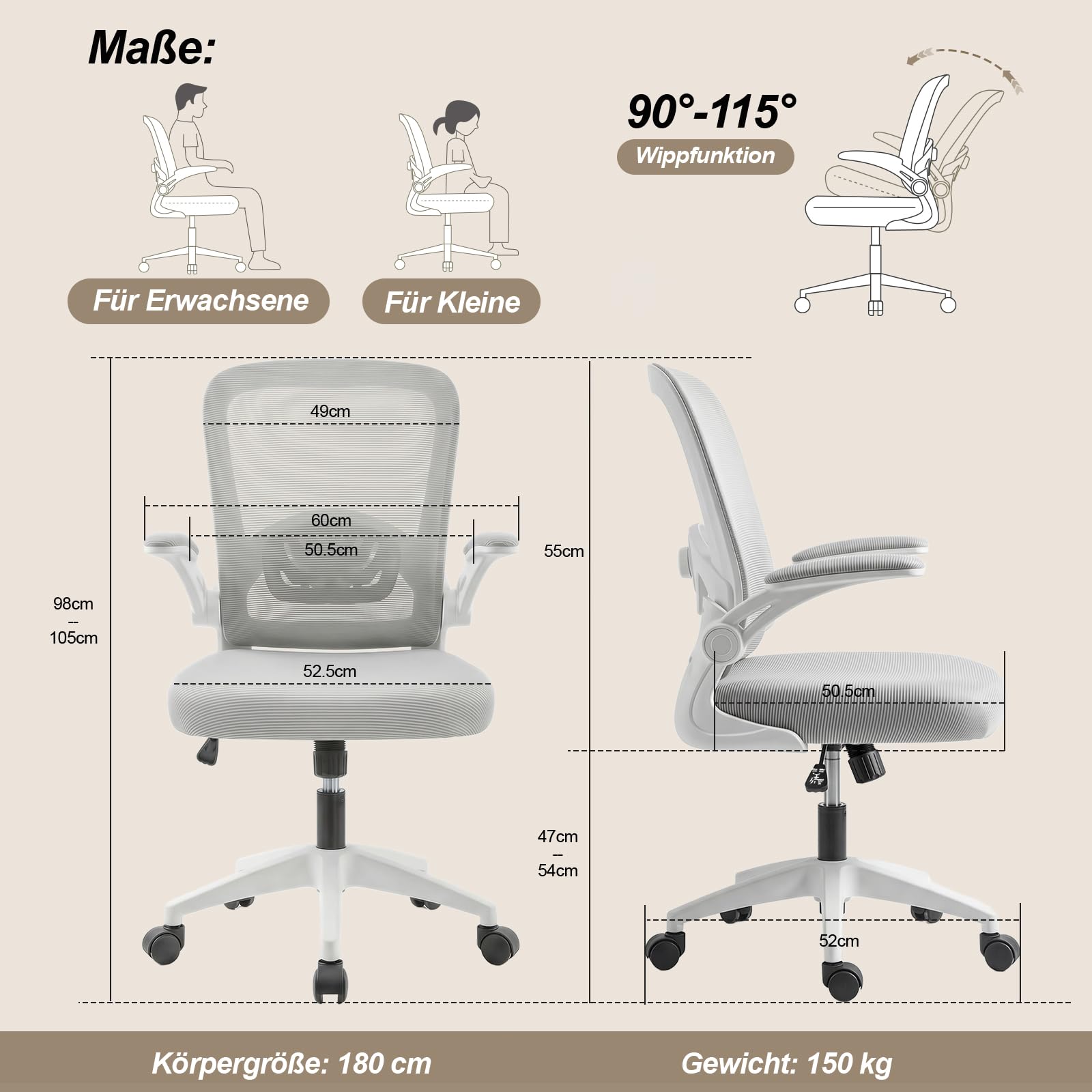 Bürostuhl Ergonomisch mit 4D Verstellbarer Lordosenstütze und Atmungsaktivem Mesh, Ergonomischer Schreibtischstuhl mit 8 cm Formstabilem Sitzpolster, 360° Drehstuhl für Home Office & Büro Weiß