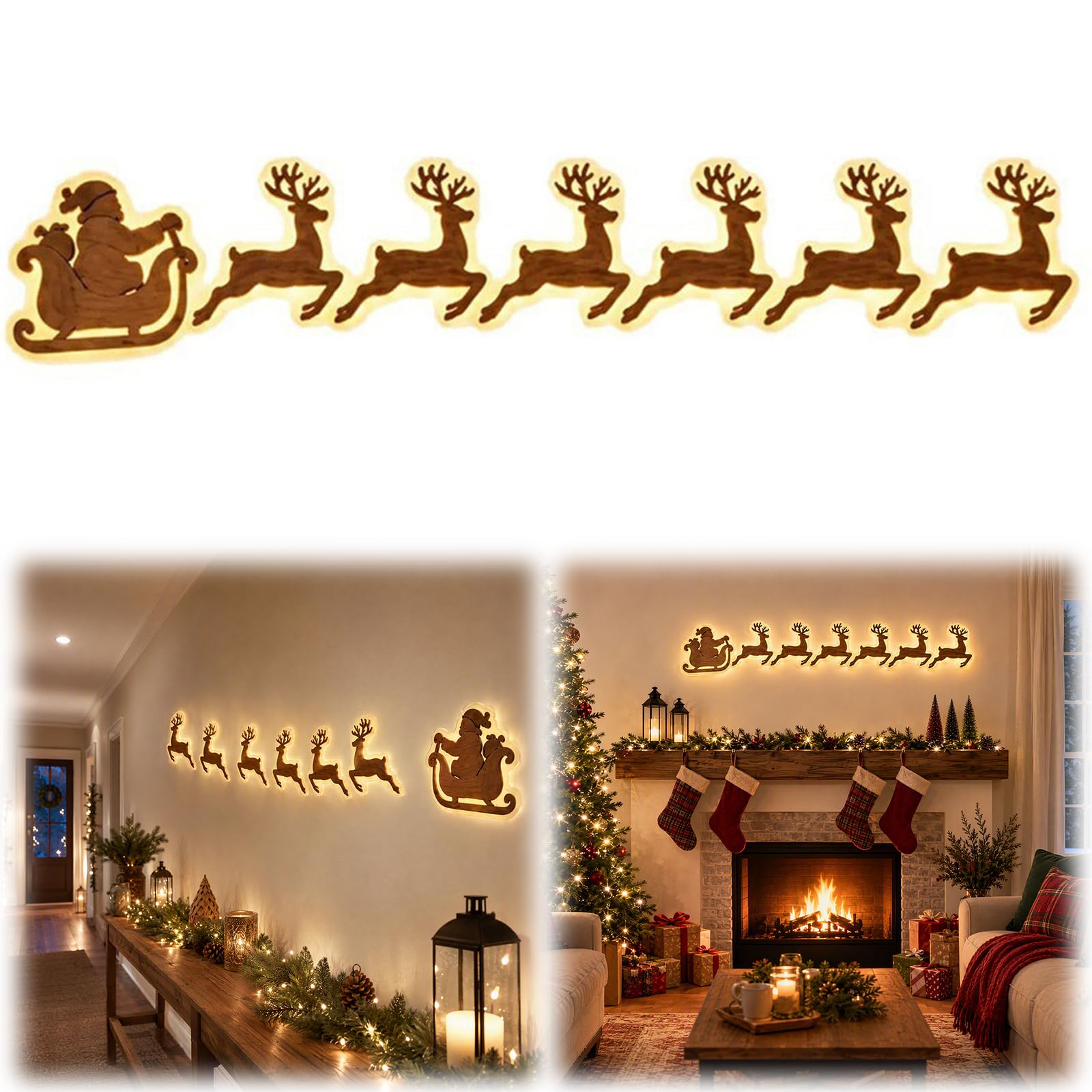 Lighted Santa Sleigh Reindeer Christmas Wall Decor with Remote, Warm White Wall Display with Santa Sleigh, 6 Reindeer and Forest Village Scene, for Indoor Christmas Decorating (01-7 pcs)