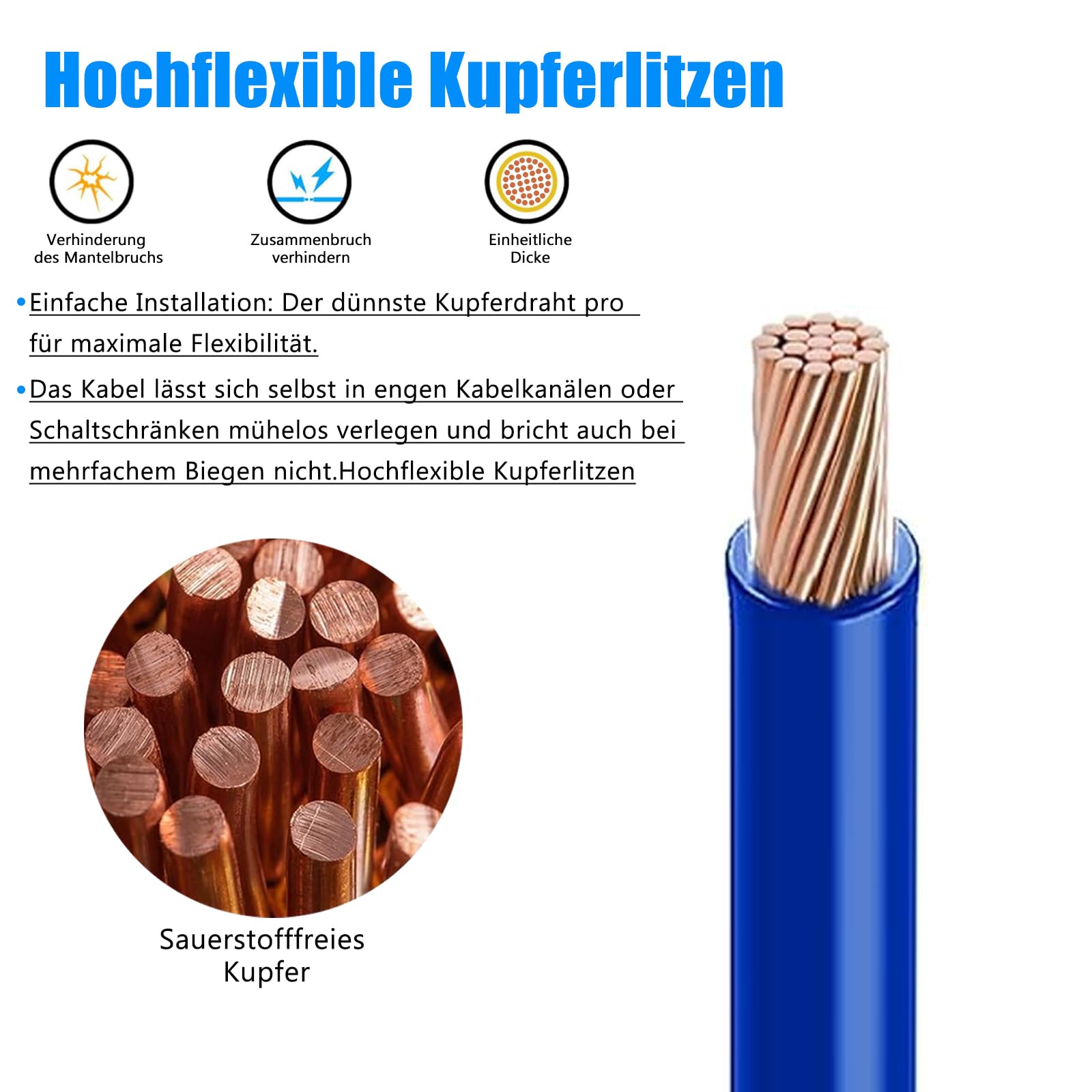 H07V-K 2,5mm² Fil Souple Bleu, 100m | Fil cuivre souple isolé PVC avec accessoires pour tableau, atelier et installation intérieure