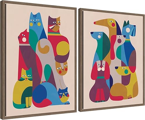 Kate and Laurel Juego de 2 piezas de arte de pared en lienzo enmarcado retro de gatos y perros por Rachel Lee, Sylvie Walnut Whimsical, arte