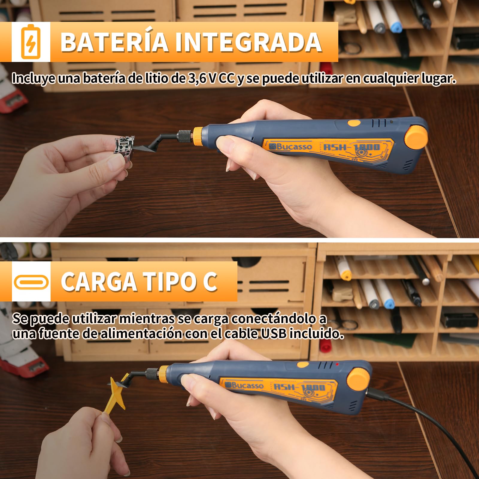 Lijadora recíproca, velocidad variable y carga USB con luz LED, lijadora de lápiz con 6 cabezales de lijado, ideal para lijar, pulir, acabar y manualidades DIY (Azul)