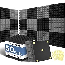 Focusound Black Grey Acoustic Panels 50 Pack 2"x12"x12" with 300 PCS Double-Side Adhesive - Sound Proof Pyramid Foam for Walls, Home Studio Noise Absorption & Echo Control Kit