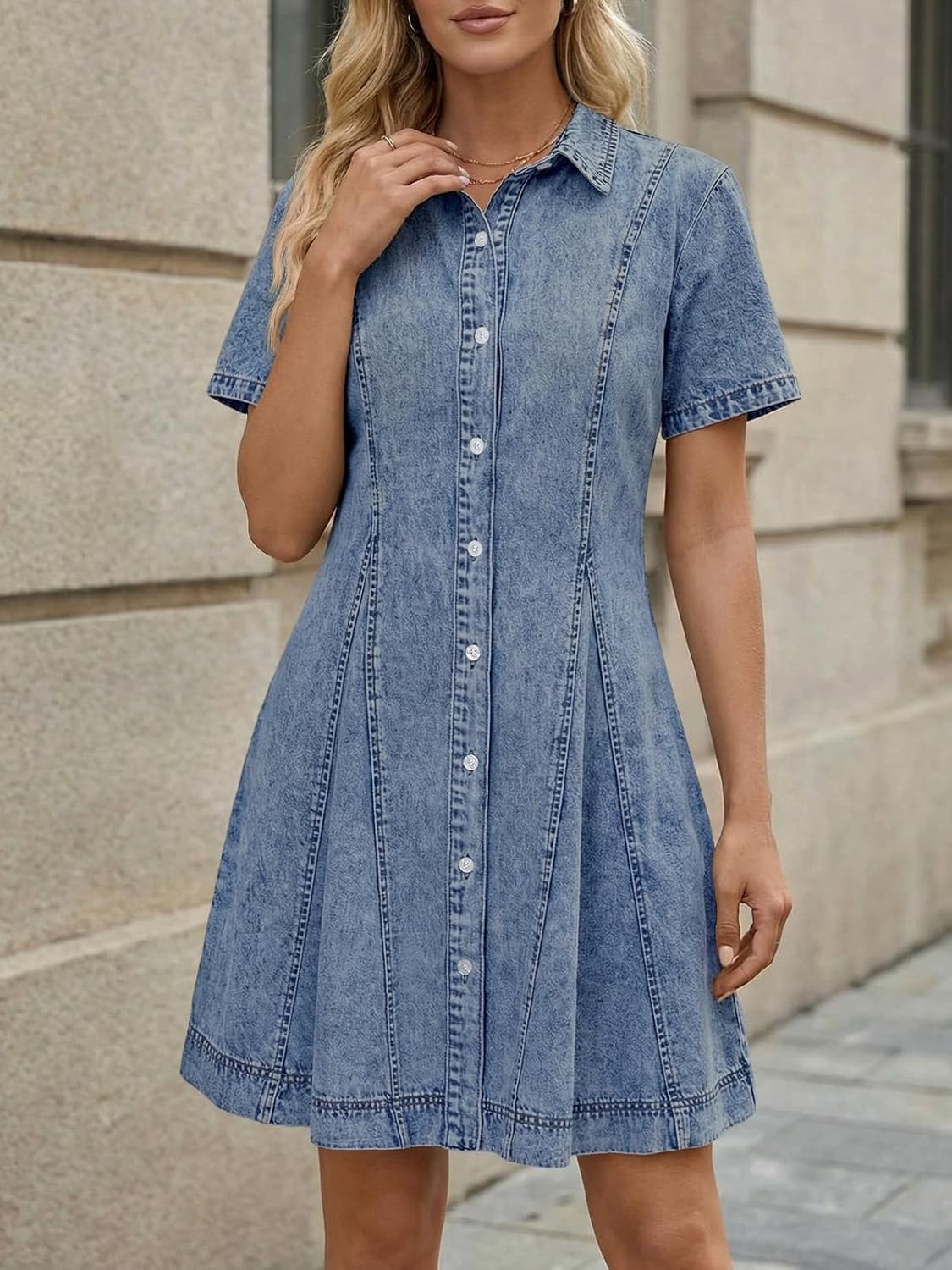 LILLUSORY Women's Short Sleeve Denim Dress - Knee Length Button Down Casual Jean Dress - Image 2