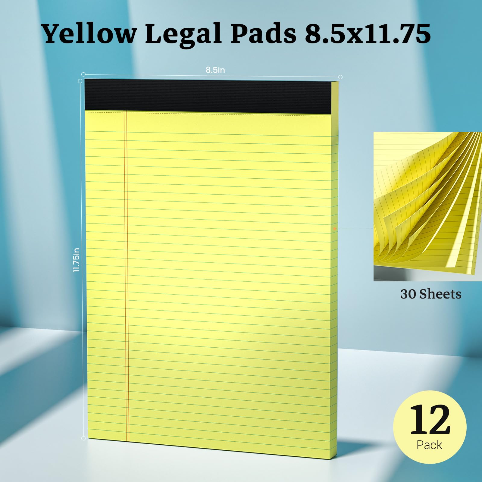Blocco legale giallo, 8,5 x 11 cm, blocco note a righe universitarie, confezione da 12 blocchi per appunti legali da 8,5 x 11, 30 fogli per blocco, carta a righe micro perforata 8,5 x 11 per lavoro