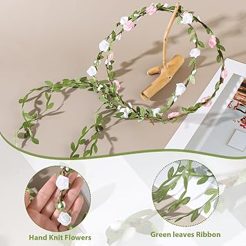 Andibro Flowers Crown Floral Garland,2pcs Headband Rose Flower Wreath Handmade Bohemian Style Headdress for Fun Day Out Bridal Headwear Party Festivals Hair Accessories (White+Pink)