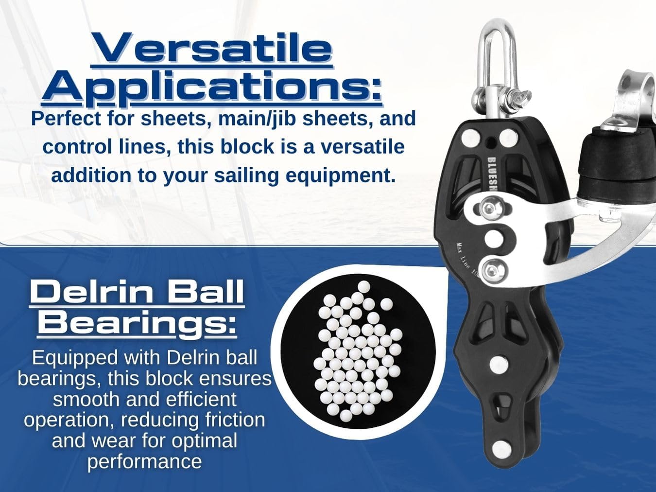 Blue Shark 2260-38 mm Single Swivel Fiddle Becket Adjustable Cam Aluminum Sailing Block - Max Line: 1/4” (6 mm), Safe Working Load (SWL): 900 lbs, Breaking Load: 2200 lbs (1-Pack)