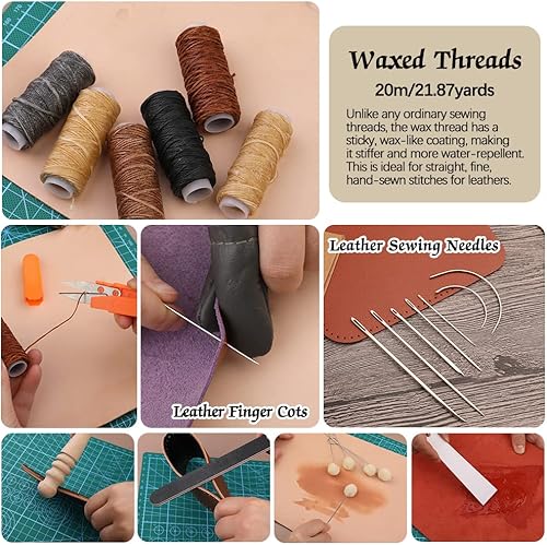Vista 9 de Leather Working Kit, Leather Tools, Working Tool Kits with Stamping Tools Storage Bag Cutting Mat Prong Punch Waxed Thread Stitching Groover for DIY