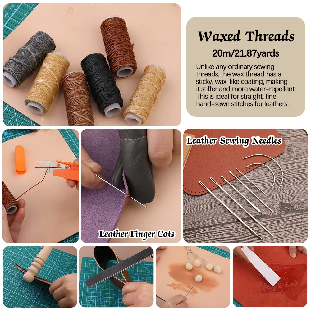 Lederarbeitsset, Lederwerkzeuge, Arbeitswerkzeug-Sets mit Stanzwerkzeugen, Aufbewahrungstasche, Schneidematte, Zinkenstanzer, gewachst, Fadenheft-Fugenfräse für DIY Handwerk