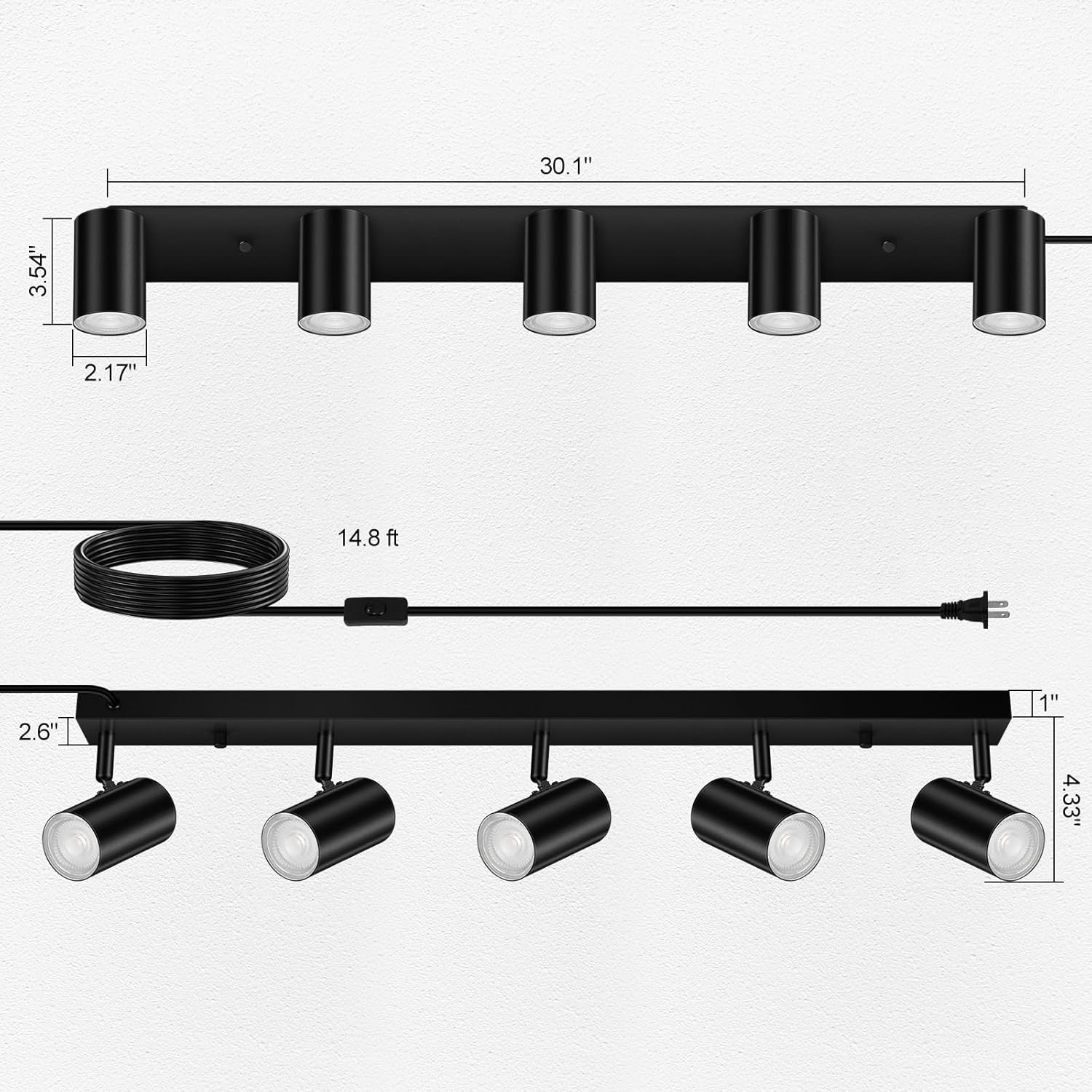 AUQUEE 5 Light Track Lighting Kit,Black 5 Way Modern Plug in Ceiling Spotlight,Industrial LED Wall Light for Kitchen Cabinet Gallery Bar Hallway Living Room,Rocker Switch,15 Foot Cord(No Bulb)