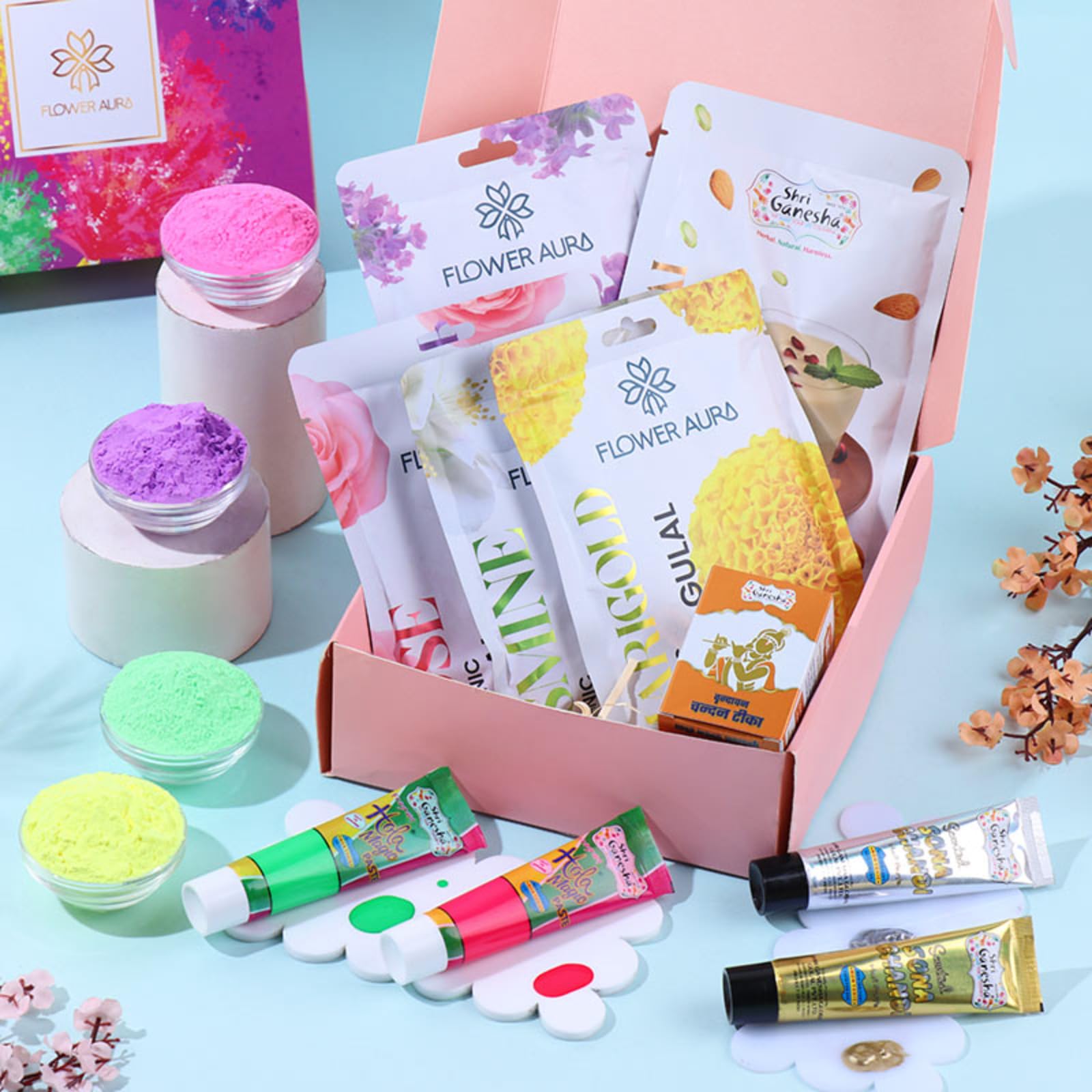 FlowerAura Premium Holi Celebration Hamper of 4 Natural Gulal, Thandai, Pink & Green Neon Color Tube, Silver & Golden Color Tubes In Box - 100% Organic Gulal | Skin Friendly | Easy to Remove from Skin-image-20