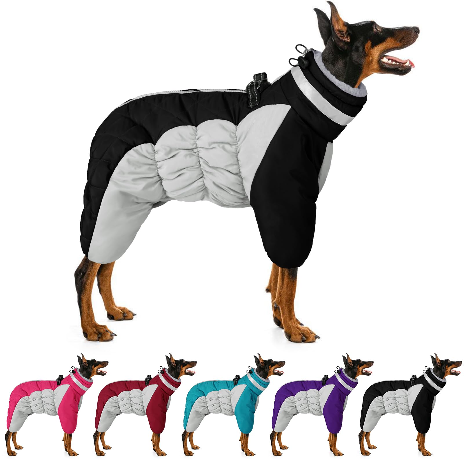 MIGOHI Full Body Dog Coat, Reflective Warm Dog Winter Coat with Harness, Turtleneck Fleece Dog Jacket for Small Medium Large Dogs, Four-Legged Windproof Waterproof Dog Snowsuit with Zipper