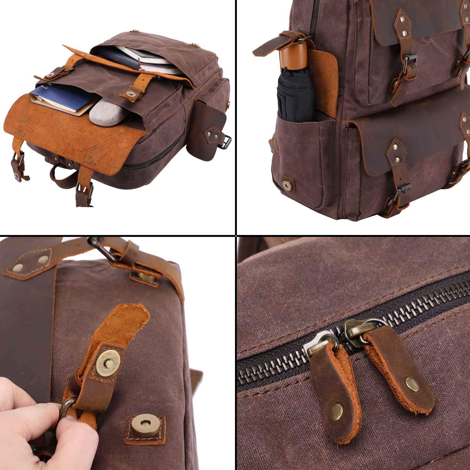 Neuleben Wasserdicht Canvas Leder Rucksack Herren Wanderrucksack Damen Schulrucksack Vintage 15.6 Zoll Laptop Rucksäcke Daypack für Wandern Schule Outdoor Alltag