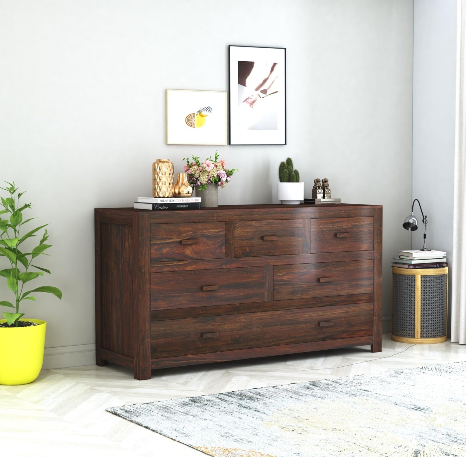 WOODEFLY Sheesham Wooden 3 Drawer & 1 Door Sideboard Cabinet for Living Room Kitchen & Bedroom ...