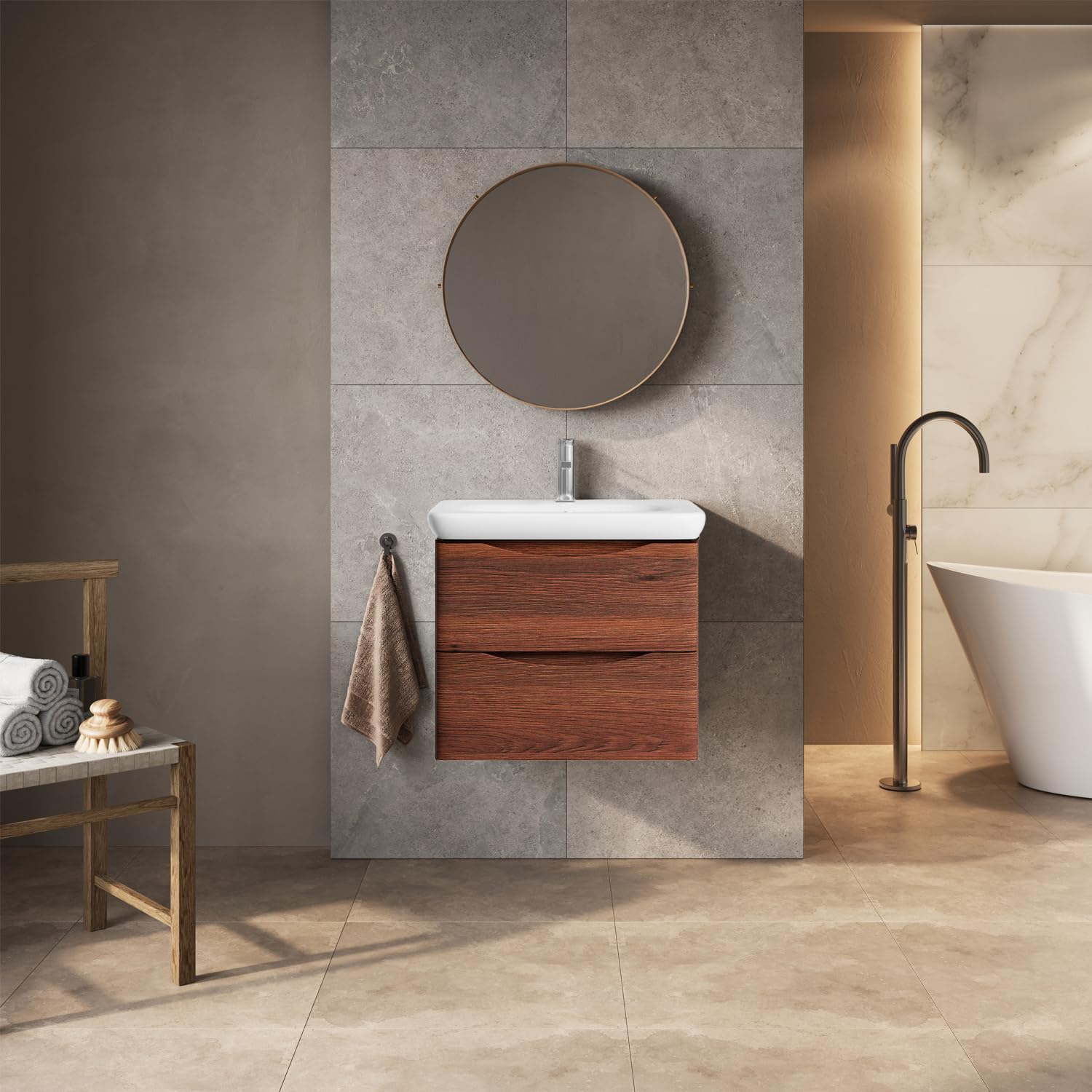 Go Bathrooms Eaton Redwood 600mm Wall Hung Vanity Unit Inc Round Resin Basin Sink Vanity Unit Under Sink Bathroom Cabinet Storage Vanity Sink