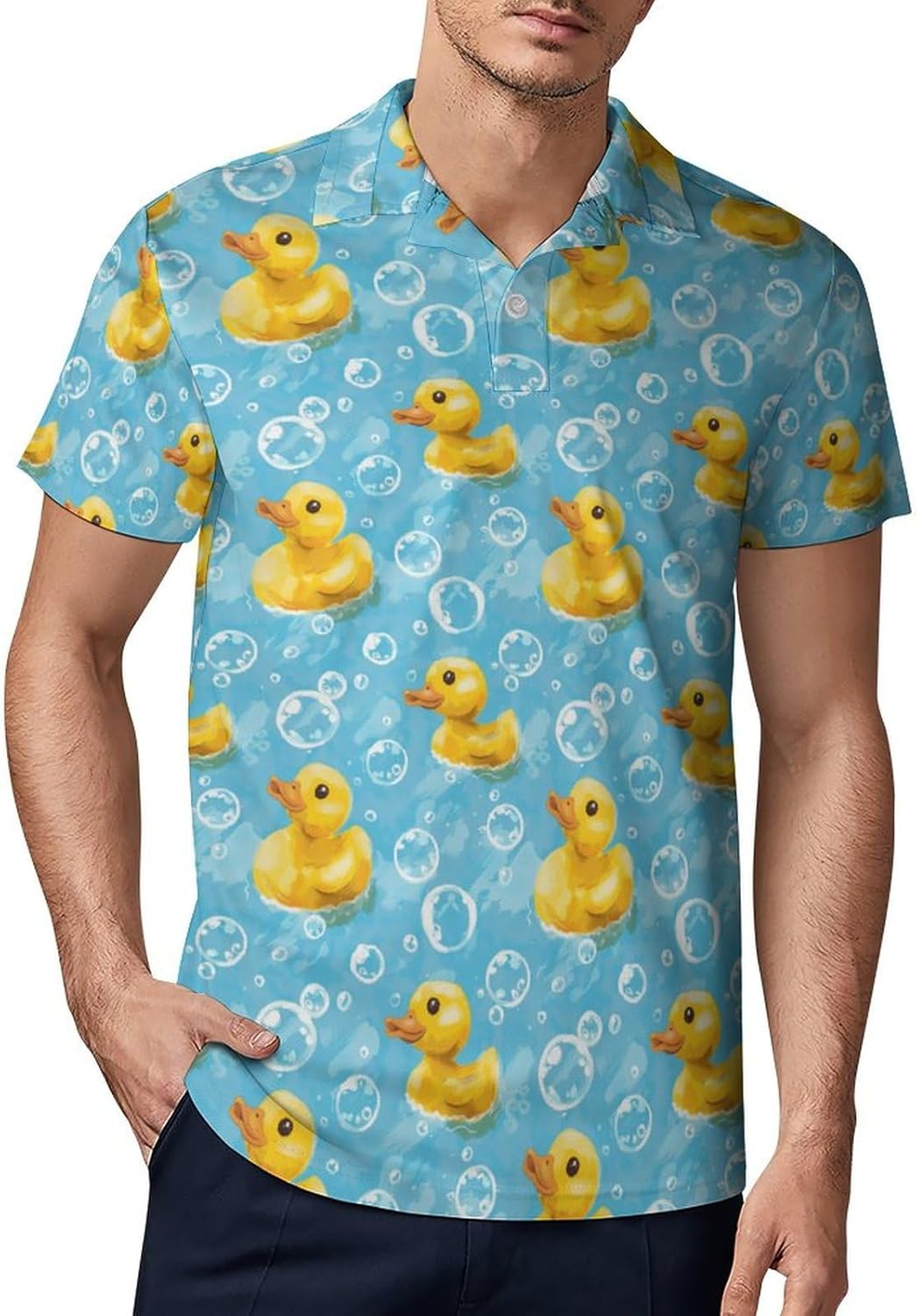 Yellow Rubber Duck and Bubbles Novelty Men's Short Sleeve Shirt Golf Tennis Shirts Work T-Shirt Sport Tee