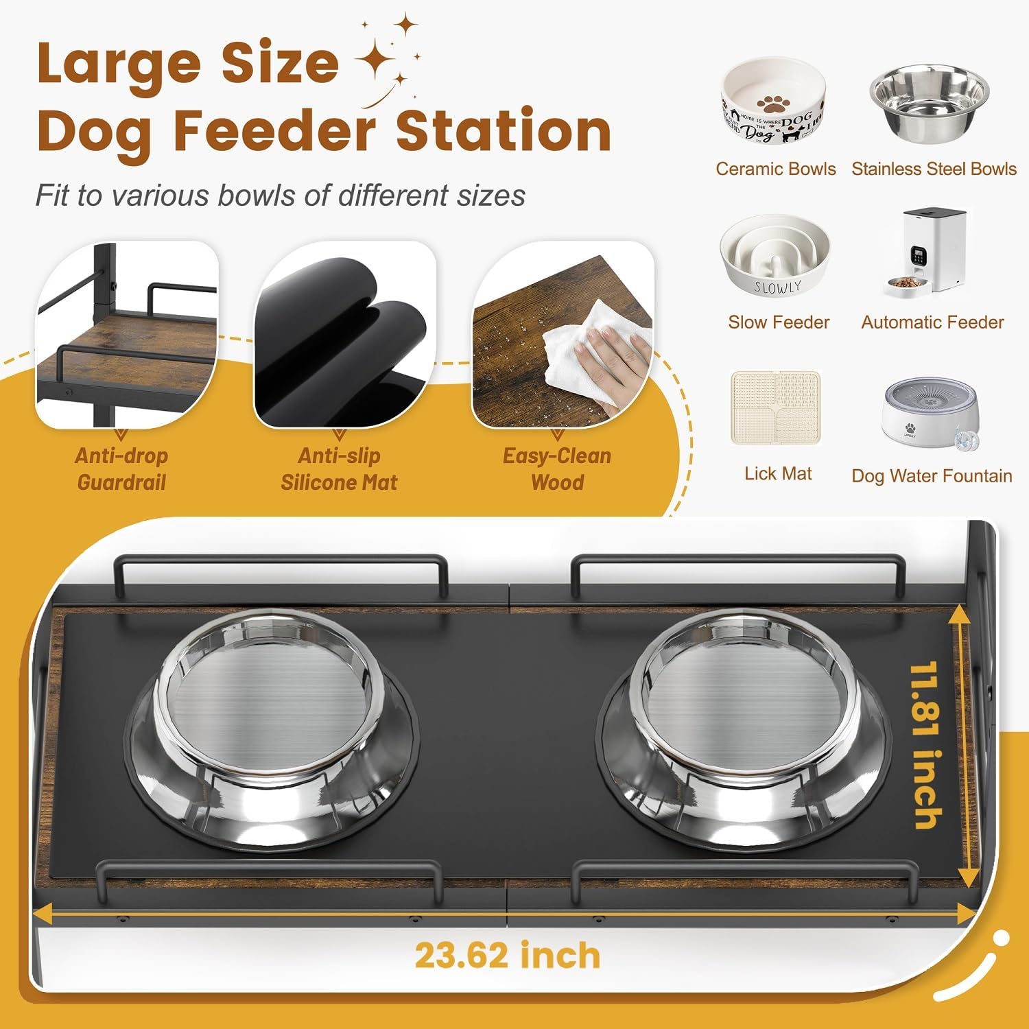 Elevated Dog Feeding Station, 23"D x11"W Large Raised Bowl Stand with Toy Basket Bin, 4 Height Adjustable Food Bowl Holder Cabinet Pet Storage Organizer for Medium Small Dogs Cats